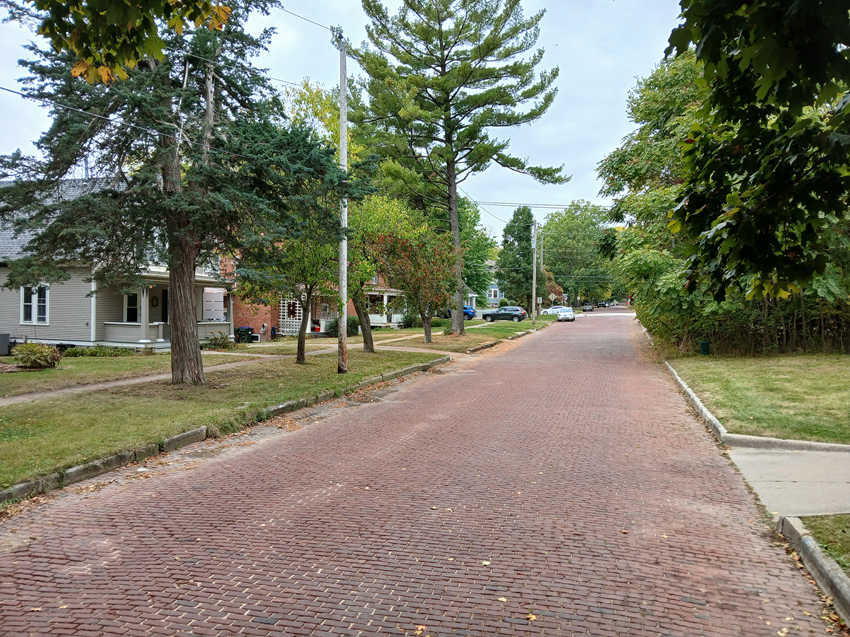 The brick street of Brown Street in Iowa City, Iowa